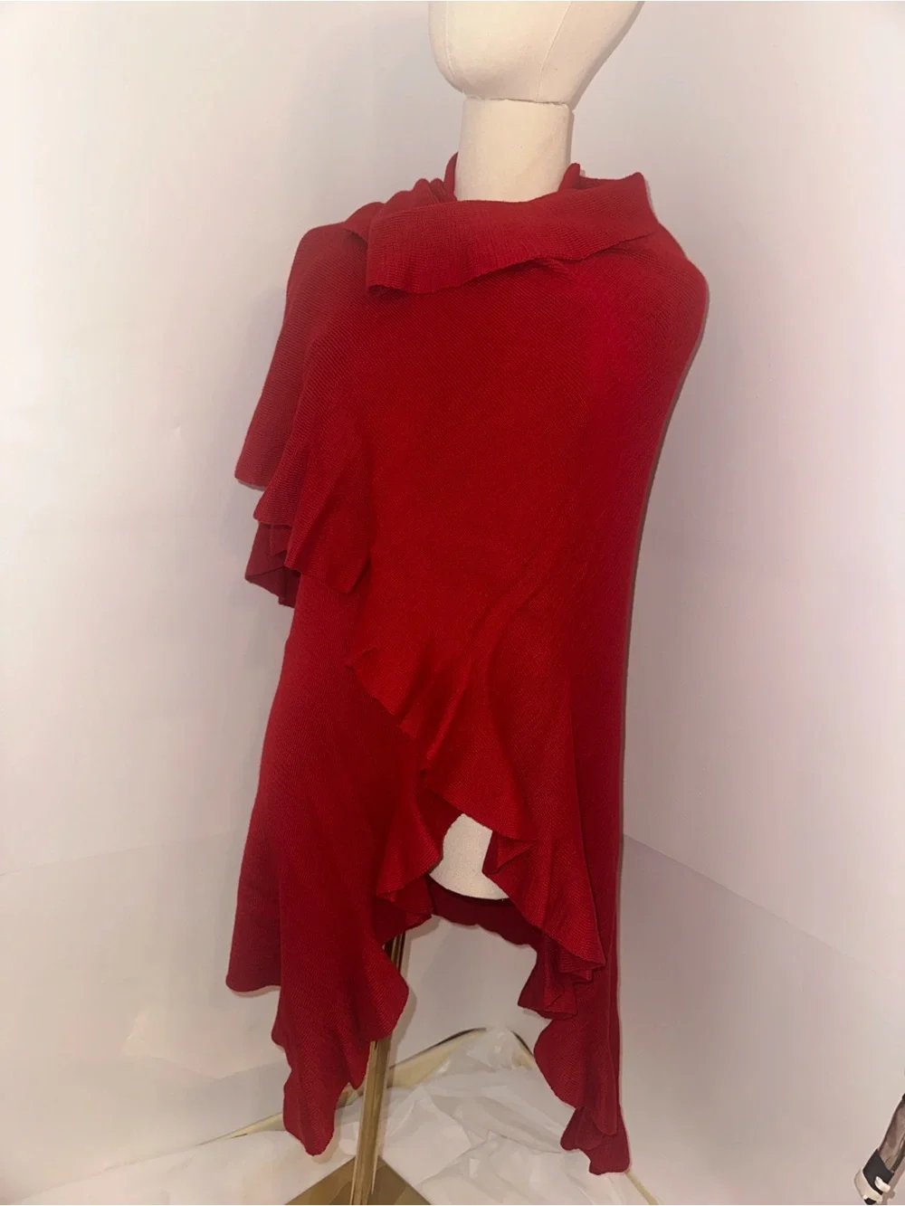 Dramatic red waterfall ruffle shawl cape cardigan wrap. One size.